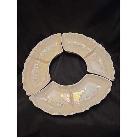 Vtg 70sCalifornia Pottery USA 908 Iridescent Pearlized White Relish Lazy Susan